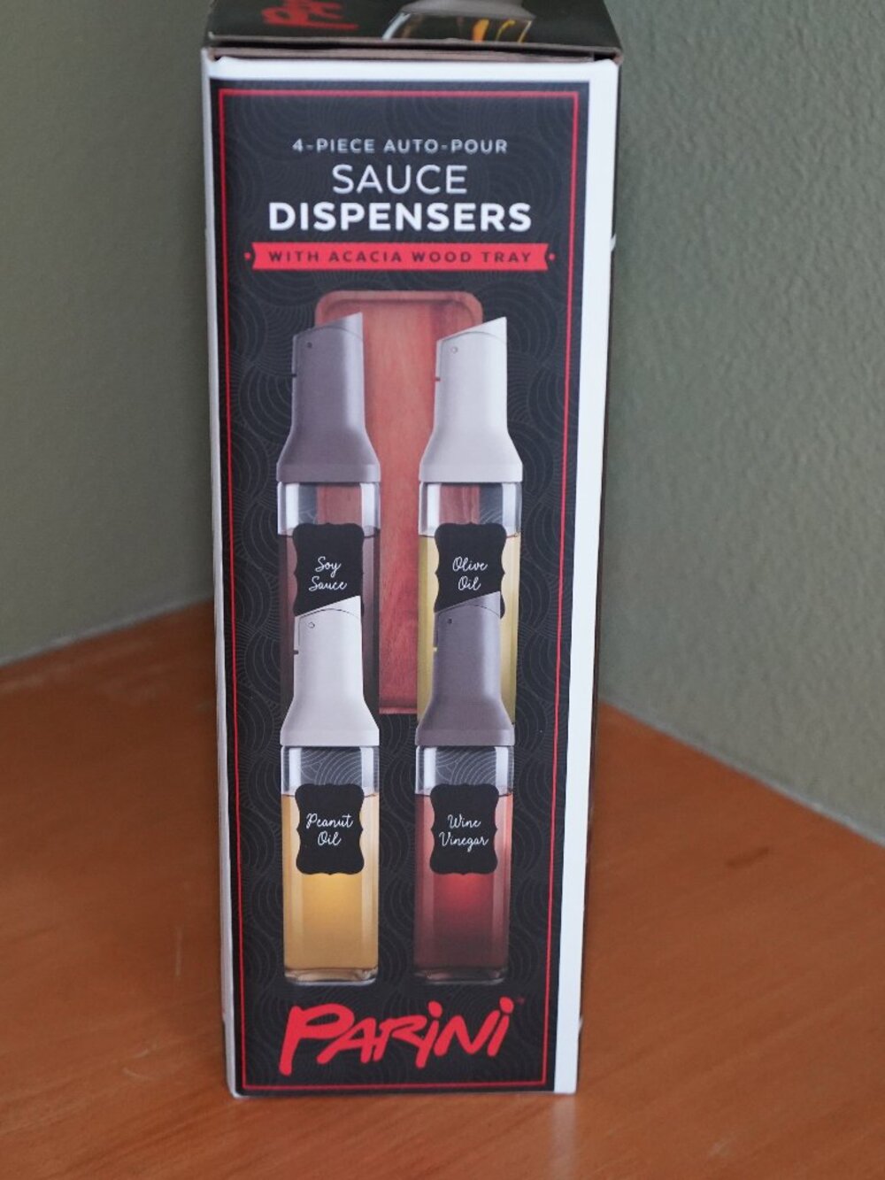 PARINI 4PC AUTO-POUR SAUCE  DISPENSERS WITH ACACIA WOOD TRAY New In Box